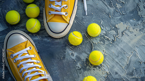 Yellow Sneakers Surrounded by Tennis Balls on a Textured Background