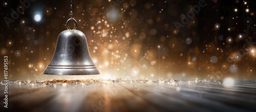 A silver bell is seen standing out against a background that sparkles with glimmers of light leaving empty space for adding images or text. Creative banner. Copyspace image