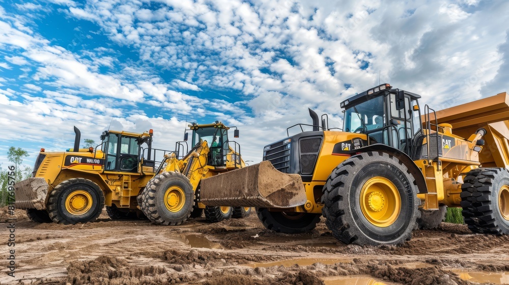 Two large yellow construction loaders carrying soil, with a vibrant blue sky and clouds in the background, showcasing a construction or mining setting