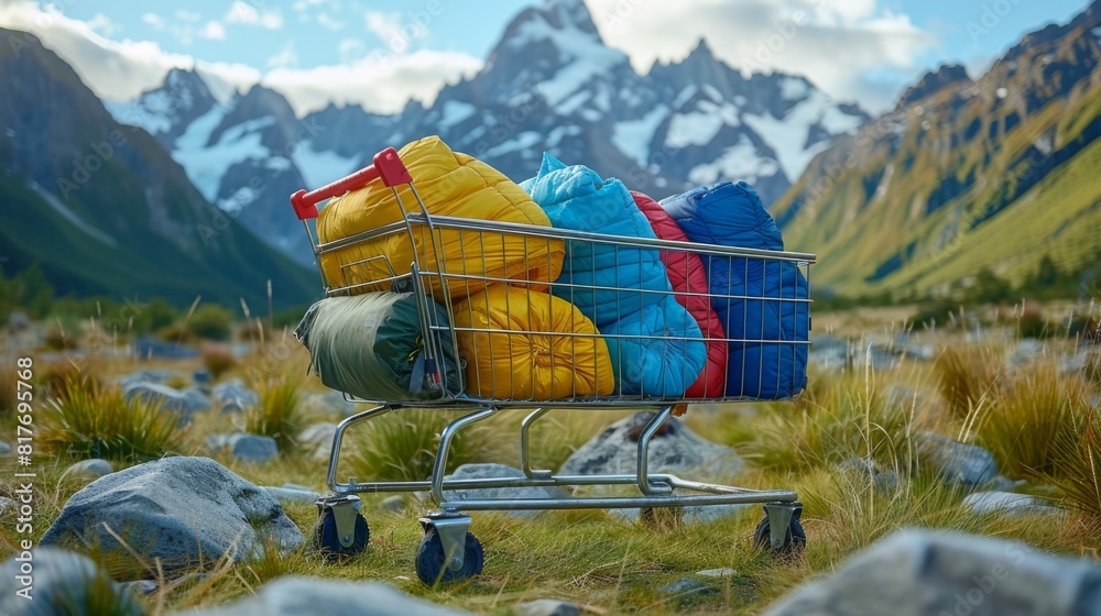 Obraz premium Panoramic view of a shopping cart packed with outdoor gear and camping equipment, from tents to sleeping bags, highlighting the