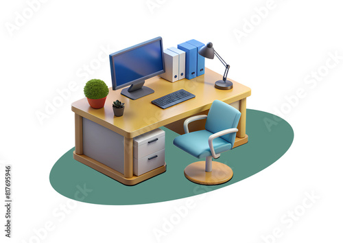 3D isometric angle modern office room render with desktop with mockup icon on limbo background 
