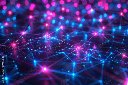 Intricate network of glowing cyber nodes representing a complex web application, with a focus on a security breach point, neon blue and pink, 3D digital art