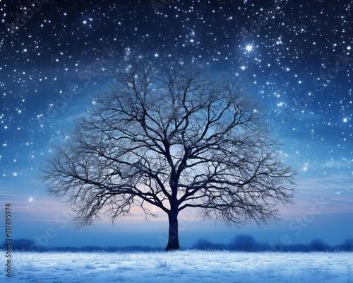 Generate a digital painting of a large tree in a snowy field