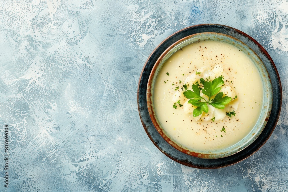 Bowl of cauliflower potato soup on blue surface top view with space for text Bowl of cauliflower potato soup on blue surface top view with space for text