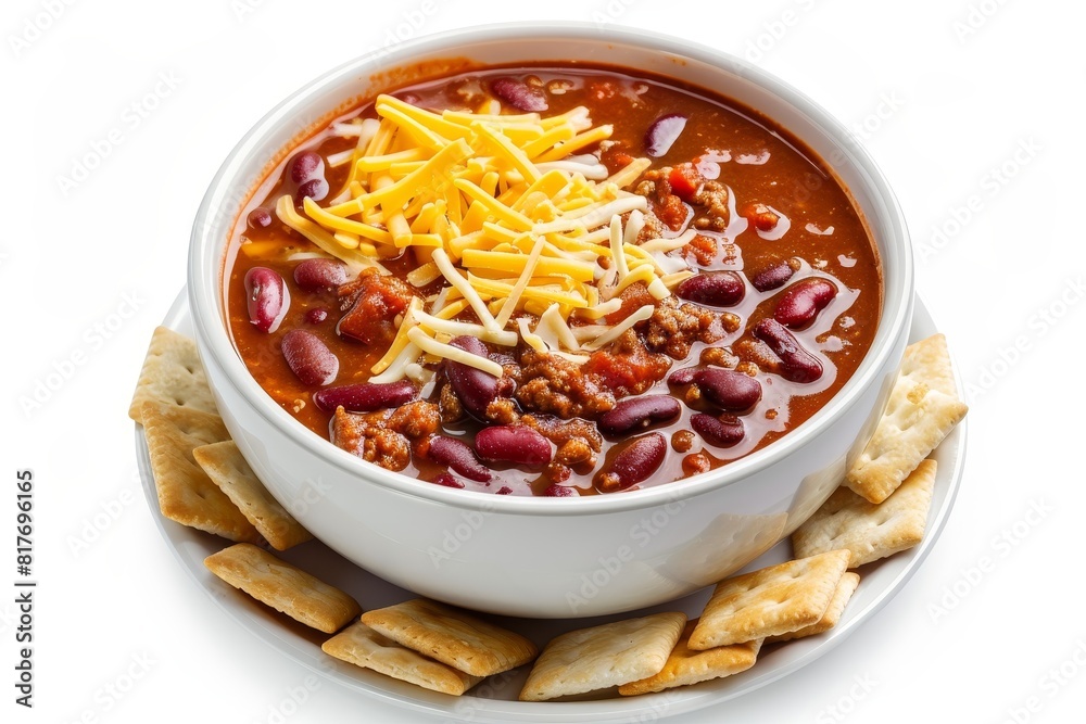 Bowl of chili with toppings on white background Bowl of chili with toppings on white background