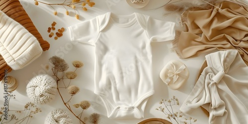 Newborn white bodysuit mockup for baby clothes top view. Concept Baby Clothes  Newborn Fashion  White Bodysuit  Mockup  Top View