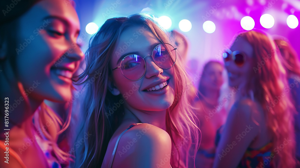 Dance party group people dancing. Women and men have fun in night club. Rest after hard day at work. Back light on girls hair. Dance party group people dancing. Women and men have fun in night club. Rest after hard day at work. Back light on girls hair.