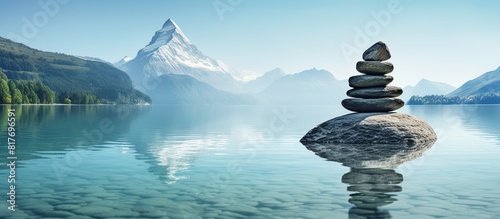 Mountain lake with a balanced stone pyramid surrounded by filtered blue water creating a serene and picturesque copy space image