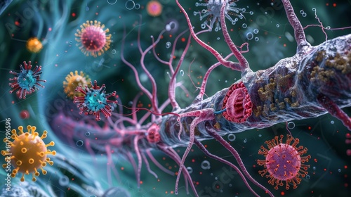 A detailed diagram of the human immune system fighting off pathogens