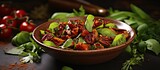 Spring salad with sun dried tomatoes herbs and copy space image
