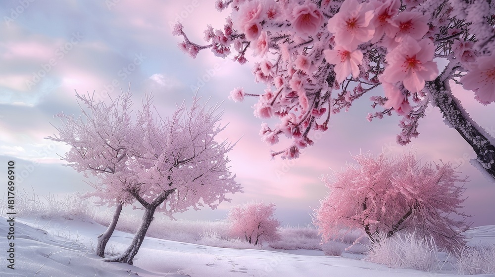 Soft Pink Cherry Blossoms Blooming on Frosted Trees Against a Polar Sky Soft Pink Cherry Blossoms Blooming on Frosted Trees Against a Polar Sky