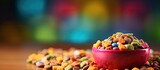 Colorful background showcasing pet food and toy allowing for copy space image