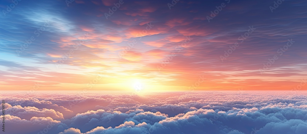 Naklejka premium A beautiful sunrise with a captivating sky and clouds illuminated by the dawn sun Perfect for a copy space image 107 characters