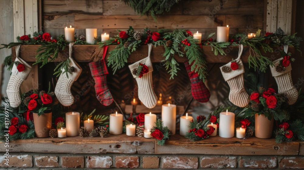 Fototapeta premium Set the scene for holiday gatherings with a beautifully decorated mantle, featuring stockings hung with care and flickering candlelight.