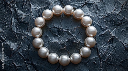 Elegant pearl necklace arranged in a circle on textured dark background