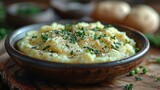 Showcase the creamy smoothness of a bowl of creamy mashed potatoes, featuring buttery flavor and a sprinkle of fresh herbs.