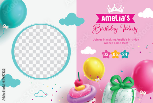 Birthday party invitation vector template. Birthday invitation card with empty blank space for girl picture with balloons elements decoration. Vector illustration birthday greeting template. 
