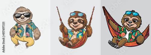Sloth in shades and Hawaiian shirt swings in hammock vector, Generative AI