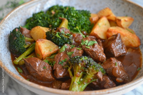 Braised beef stew with potatoes and broccoli