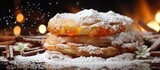 A close up image of casadielles a traditional Christmas dessert in Asturias with sugar sprinkled generously on top ready to be enjoyed. Creative banner. Copyspace image