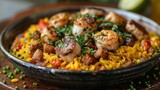 Showcase the vibrant colors and bold flavors of a plate of paella, featuring saffron-infused rice, tender chicken, spicy chorizo, and
