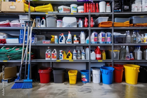 Organized janitorial closet with various cleaning supplies and brooms neatly arranged on shelves