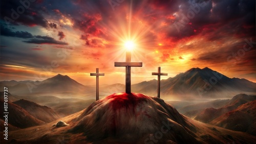 A scene that depicts a cross stained by the blood of Jesus Christ, at the top of the mountain, with two more empty crosses, without blood, one on each side of the middle cross