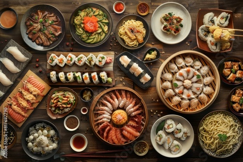 A variety of Asian dishes such as sushi  dim sum  noodles  and stir-fries beautifully arranged on a wooden table
