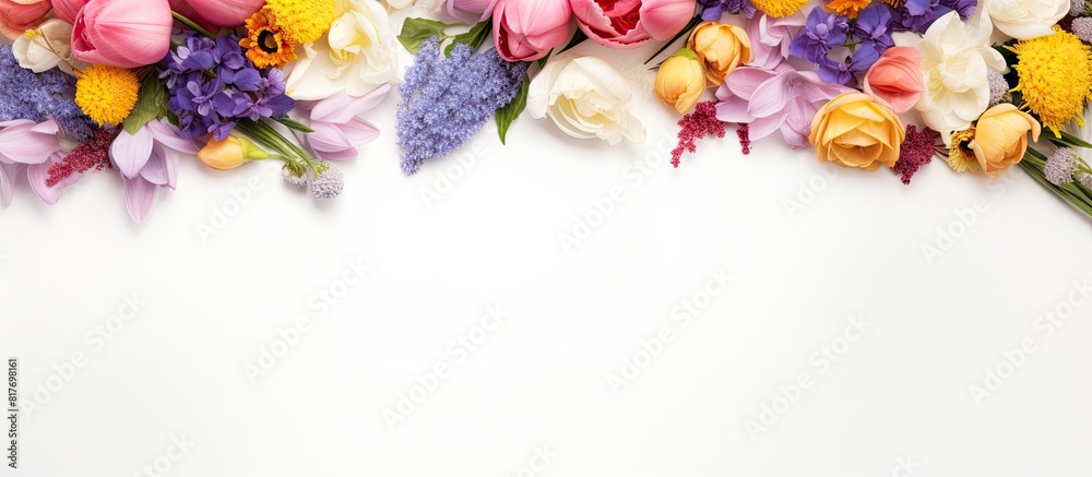 A top view flat lay of a lovely floral arrangement creates a blank frame with copy space on a white background A top view flat lay of a lovely floral arrangement creates a blank frame with copy space on a white background