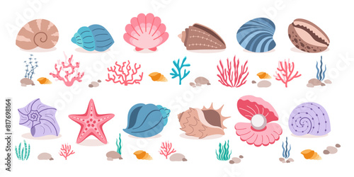 Set of sea shells, corals and ocean plants in flat design. Cute collection of sea creatures isolated on white background. Vector illustration.
