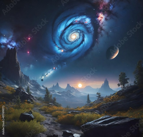 landscape with moon  nature  space  stars  mountain  blue  dark  light  vector  cloud