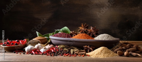 A variety of spices accompanied by a mortar is placed on a wooden table in the kitchen The image provides ample space for text