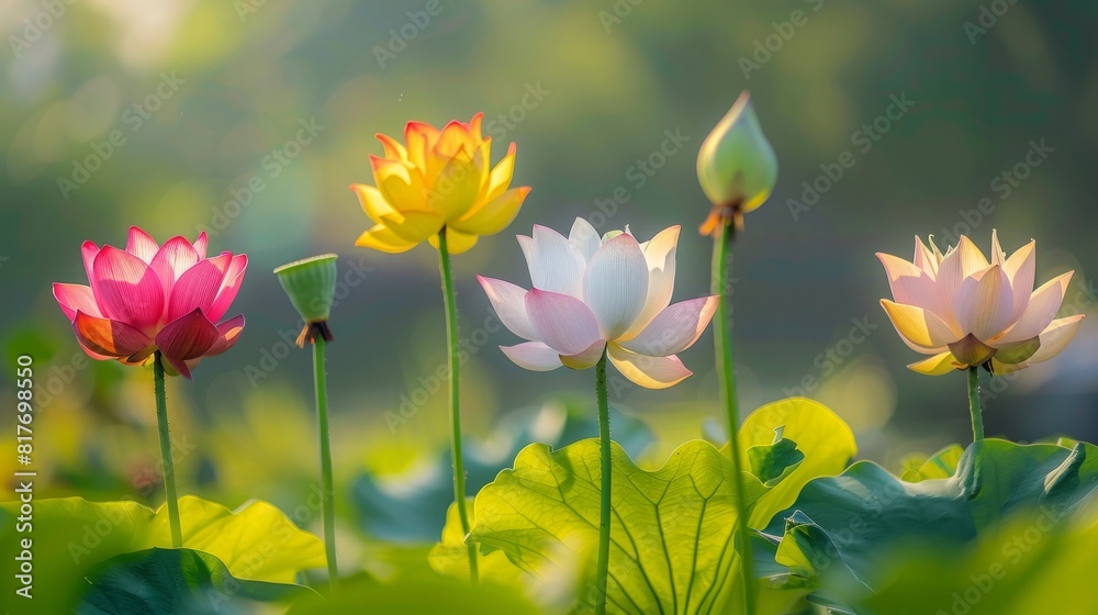 Vibrant lotus flowers bloom beautifully, highlighted by soft sunlight filtering through with a tranquil backdrop