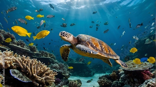 underwater sea turtle surrounded by a school of vibrant fish and other marine life with vibrant coral