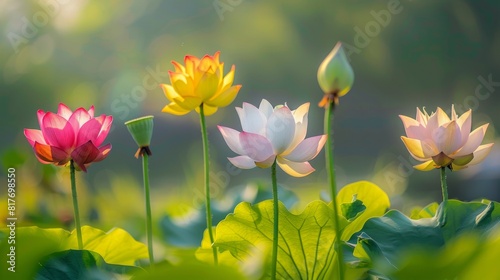 Vibrant lotus flowers bloom beautifully  highlighted by soft sunlight filtering through with a tranquil backdrop