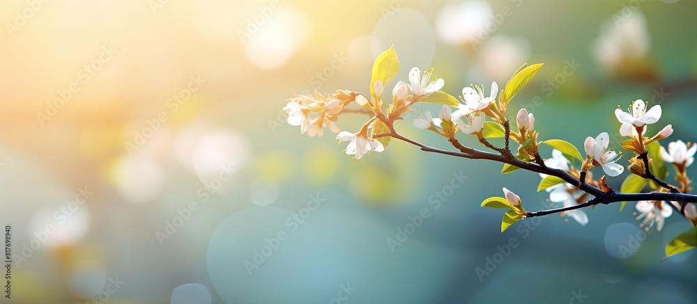 A spring bloom with flowers blossoming in the sunlight against a blurred abstract bokeh background Perfect for a copy space image A spring bloom with flowers blossoming in the sunlight against a blurred abstract bokeh background Perfect for a copy space image