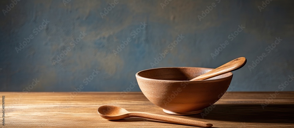 A wooden spoon and a pottery saucer are seen in the copy space image A wooden spoon and a pottery saucer are seen in the copy space image