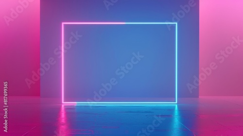 A vibrant neon-lit rectangle stands in a room with pink and blue walls, providing a futuristic and aesthetic visual