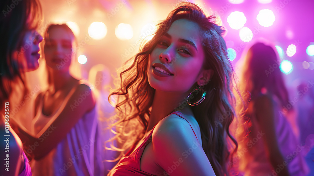 Dance party group people dancing. Women and men have fun in night club. Rest after hard day at work. Back light on girls hair. Dance party group people dancing. Women and men have fun in night club. Rest after hard day at work. Back light on girls hair.