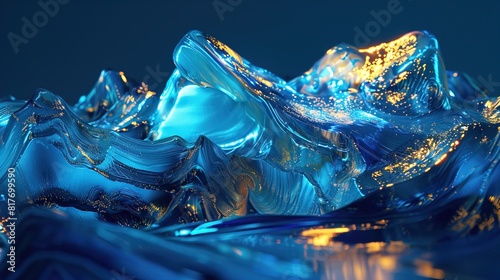 Glowing blue rocks with gold glitter abstract background photo