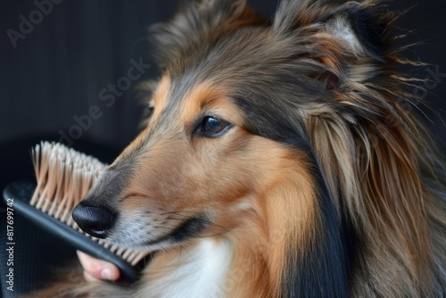 Brushing a Shetland sheepdog with a dog brush photo