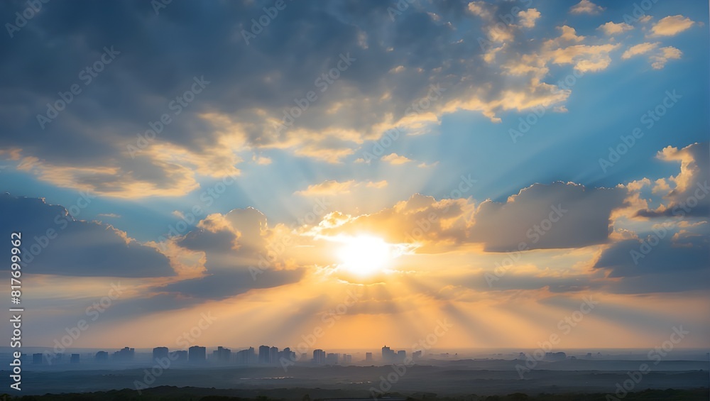 Obraz premium Sunrise dramatic blue sky with orange sun rays breaking through the clouds. Nature background. Hope concept
