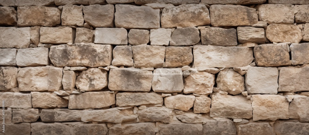 Close up copy space image of a textured medieval stone wall with a rough and sandy surface providing a background for design purposes Close up copy space image of a textured medieval stone wall with a rough and sandy surface providing a background for design purposes