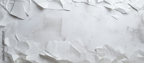 An assortment of torn paper pieces in shades of white displayed on a textured gray backdrop creating a versatile copy space image photo