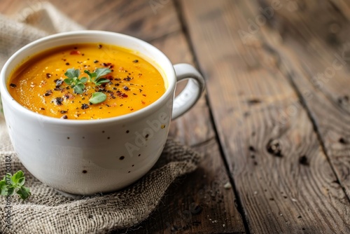 Butternut squash soup in a rustic white mug on wooden table photo