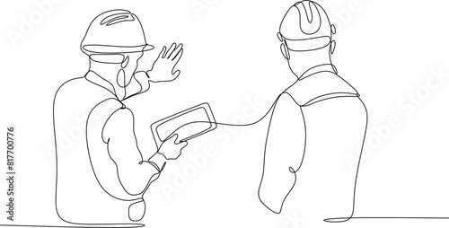 Line drawing of a young architect discussing a construction project with his supervisor. Building architecture business concept. One line design vector graphic illustration