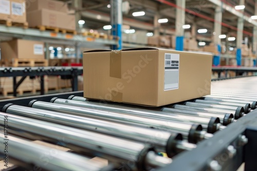 Cardboard boxes on conveyor rollers in warehouse ready for courier distribution