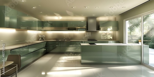 Rendered image of a minimalist green kitchen interior design. Concept Interior Design, Minimalist Style, Green Color Scheme, Kitchen, Rendered Image © Anastasiia