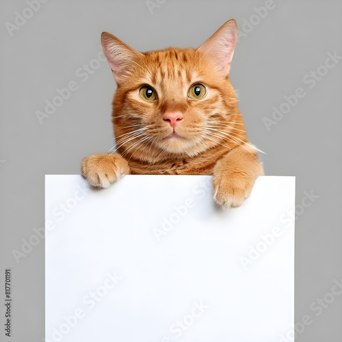 Adorable orange cat with a blank white sign mock-up, template with space for text for vet clinic or pet store messages or cat grooming services. Isolated cut-out with transparent background