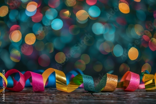 Carnaval decorations on dark wood border with bokeh background photo